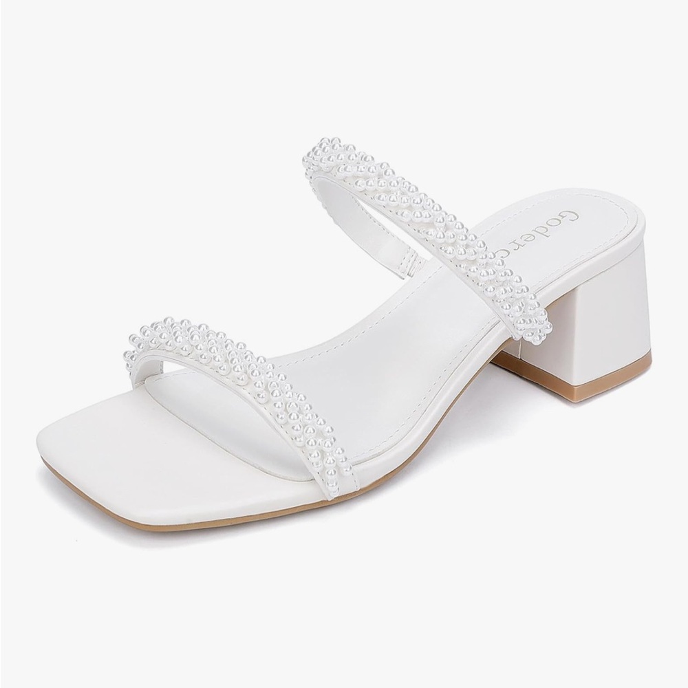 Chic White Beaded Block Heel Sandals